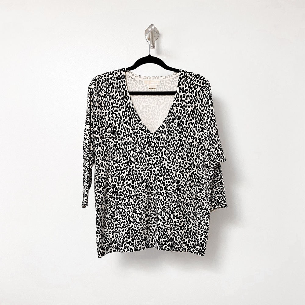 Michael Kors Fall Winter Chic Animal Print Silk Blend Sweater Cream Black Large